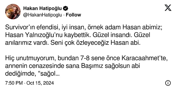 İşte Hakan Hatipoğlu'nun Hasan Yalnızoğlu'na vedası: