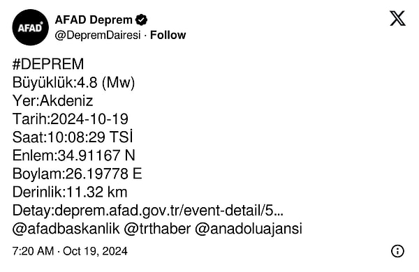 AFAD’ın deprem paylaşımı 👇