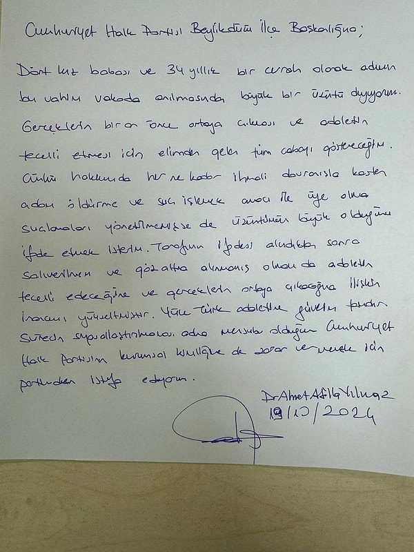 Yılmaz Özel'in açıklamalarının ardından istifa ettiğini açıkladı. Yılmaz istifasında "Cumhuriyet Halk Partisinin kurumsal kimliğine de zarar vermemek için partiden istifa ediyorum" dedi.