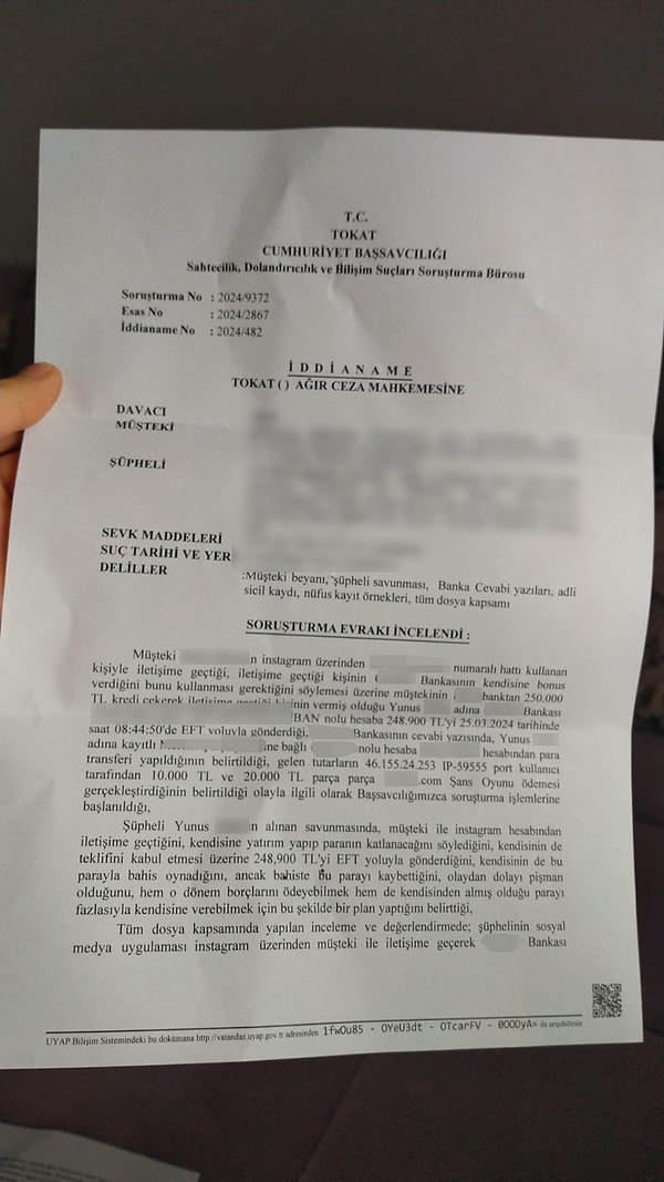 H.B.’nin suç duyurusu üzerine Yunus O. hakkında Tokat Cumhuriyet Başsavcılığı tarafından başlatılan soruşturma tamamlanarak iddianame hazırlandı. Şüpheli hakkında bilgisayar, cep telefonu, internet araçların kullanılması suretiyle haksız menfaat sağlama suçundan 3 yıldan 10 yıla kadar hapis cezası istendi.