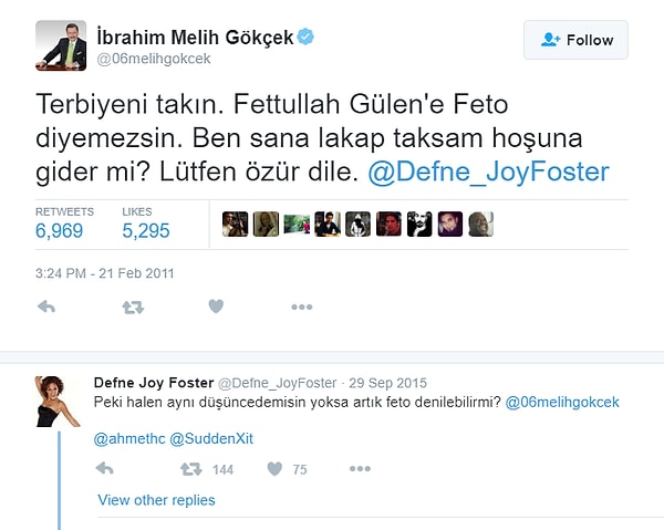 Örneğin oyuncu Defne Joy Foster, Melih Gökçek ile girdiği bir tartışmada terörist başı için "Feto" kısaltmasını ilk kez kullanmıştı. Bunun ardından Melih Gökçek şu cevabı verdi 👇