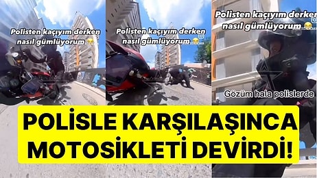 Ters Yönde Polisle Karşılaşan Motosikletli Dikkat Çekmeyeyim Derken Motosikleti Devirdi!