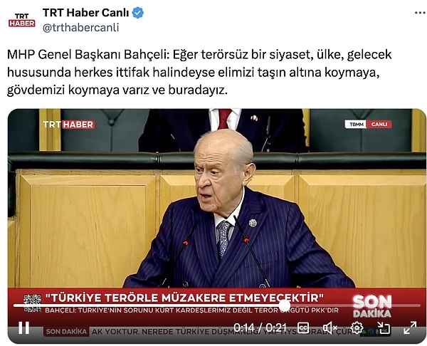 Devlet Bahçeli'nin Öcalan'a yaptığı çağrı, "Ne Edirne Ne Kandil" diyerek Selahattin Demirtaş'ı ve örgütü dikkate almayacağını belirtmesi ve umut hakkı söylemleri TRT'nin 21 saniyelik kesitinde yer almadı.