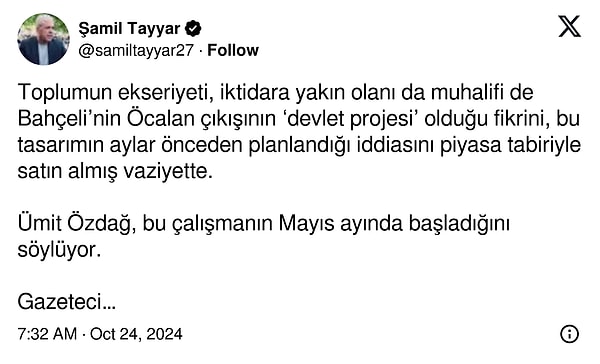 Öte yandan Şamil Tayyar, sosyal medya hesabı X'ten bir paylaşım yaparak Öcalan'ın hastalığı olduğunu iddia ederek ailenin bu nedenle görüştürüldüğünü ifade etti.