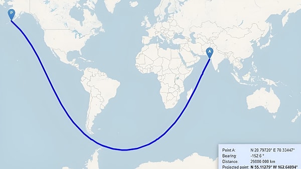 Şimdi aşağıdaki görsele odaklanalım: Hindistan ile ABD'yi birbirine bağlayan bu haritadaki çizgi aslında düz.