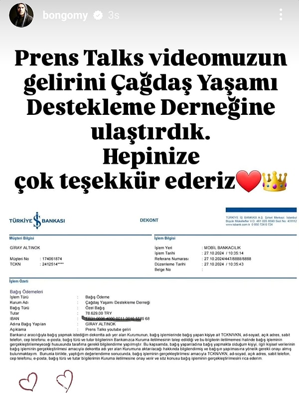 Dizinin Prens'i Giray Altınok, programın tüm gelirlerini Çağdaş Yaşamı Destekleme Derneği'ne bağışladığını açıkladı.