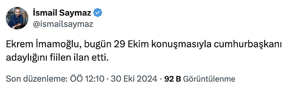 İsmail Saymaz, İmamoğlu'nun söz konusu konuşmayla fiilen Cumhurbaşkanı adaylığını ilan ettiğini öne sürdü.