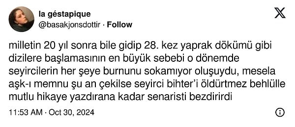 Tabii bizim konumuz bu değil... Bu kullanıcıya gelen bir yorum. X/Twitter'da @basakjonsdottir adlı bir kullanıcı, dizi fanlarının oyuncu seçimlerine ve hikayeye müdahale sürecini Aşk-ı Memnu ve Yaprak Dökümü üzerinden eleştirdi.