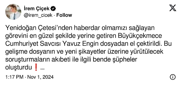 Avukat, arabulucu ve yazar İrem Çiçek sosyal medyadan konuyu gündeme getiren bu tweeti attı: