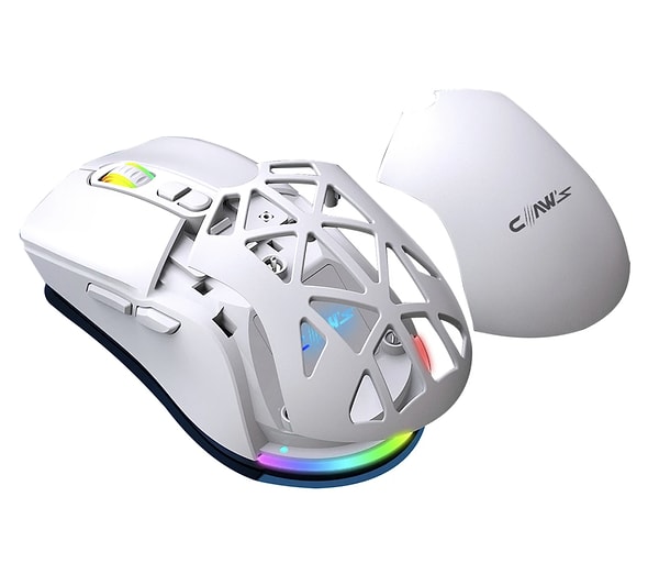 Claw's Nexus Air V1 Kablosuz 10000 Dpi Pixart PMW3325 Sensör Makro Yazılımlı & Değiştirilebilir Kapaklı RGB Kablosuz Gaming Mouse - Beyaz (2.4 GHz Kablosuz + BT5.1 + Type-C ile Kullanım Desteği)