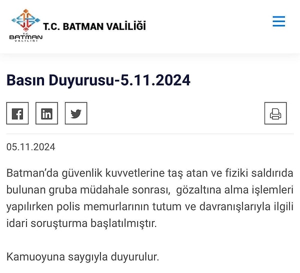 Batman Valiliği, dün yaşanan olaylar ve tepki çeken gözaltına görüntüleri sonrasında polisler hakkında idari soruşturma başlatıldığını duyurdu.