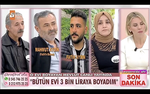 6. Esra Erol'da Fatih Aydın'ın kaybı araştırılmaya devam ederken annesinin çocuğu kaybolduktan sonra evini boyatması dikkat çekmişti. Esra Erol o boya ustasını buldu. Ancak Mevlüt Bey'in evi boyadığı fiyat dikkat çekti. O sırada başka bir boya ustası yayına bağlanıp itiraz etti.