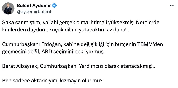 Konuyla ilgili bir diğer gazeteci Bülent Aydemir'in paylaşımı 👇