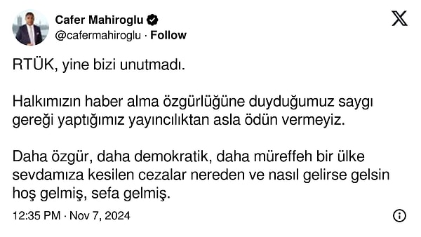 Bu açıklamanın ardından Halk TV Yönetim Kurulu Başkanı Cafer Mahiroğlu'ndan yanıt gecikmedi.