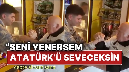 9 Dünya Rekoruna Sahip! Emekli Deniz Astsubayı ve Milli Sporcu Hayrettin Sönmez, Bir Erle Bilek Güreşi Yaptı