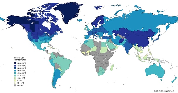 7. Ülkelere göre kaydedilen en düşük sıcaklıklar.