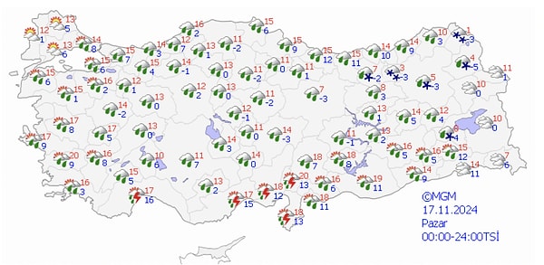 17 Kasım Pazar günü ise hava tahmin haritası şöyle👇🏻