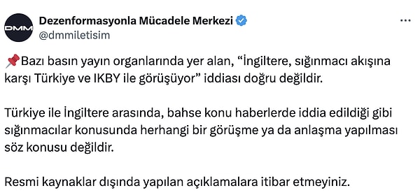 Dezenformasyonla Mücadele Merkezi'nin İngiltere ile Türkiye arasında görüşmeleri sürdüğü iddia edilen göçmen anlaşmasına ilişkin paylaşımı 👇🏻