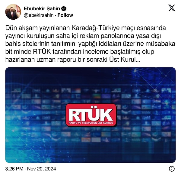 Şahin, TV8 için yasa dışı bahis sitelerinin tanıtımını yaptığı iddiaları üzerine müsabaka bitiminde RTÜK tarafından inceleme başlatıldığını duyurdu.