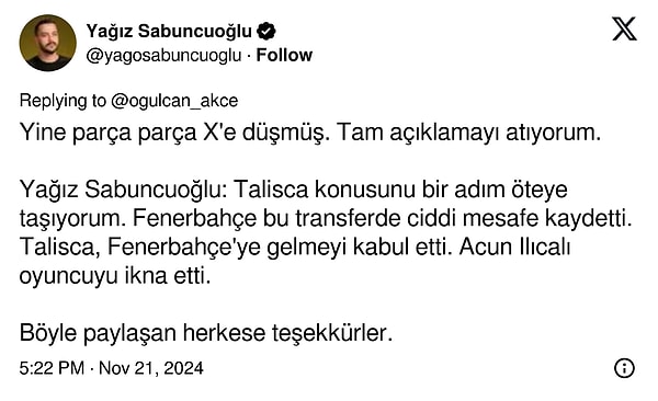 İşte, Yağız Sabuncuoğlu'nun Talisca söylentilerine nokta koyan paylaşımı👇