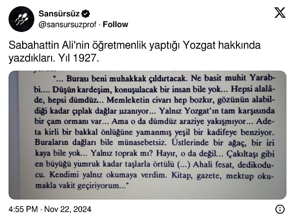 Sabahattin Ali'nin İstanbul'daki yakın arkadaşı Nahit Hanım'a yazdığı mektupta Yozgat ile ilgili ifadeleri sosyal medya kullanıcılarının diline düştü.