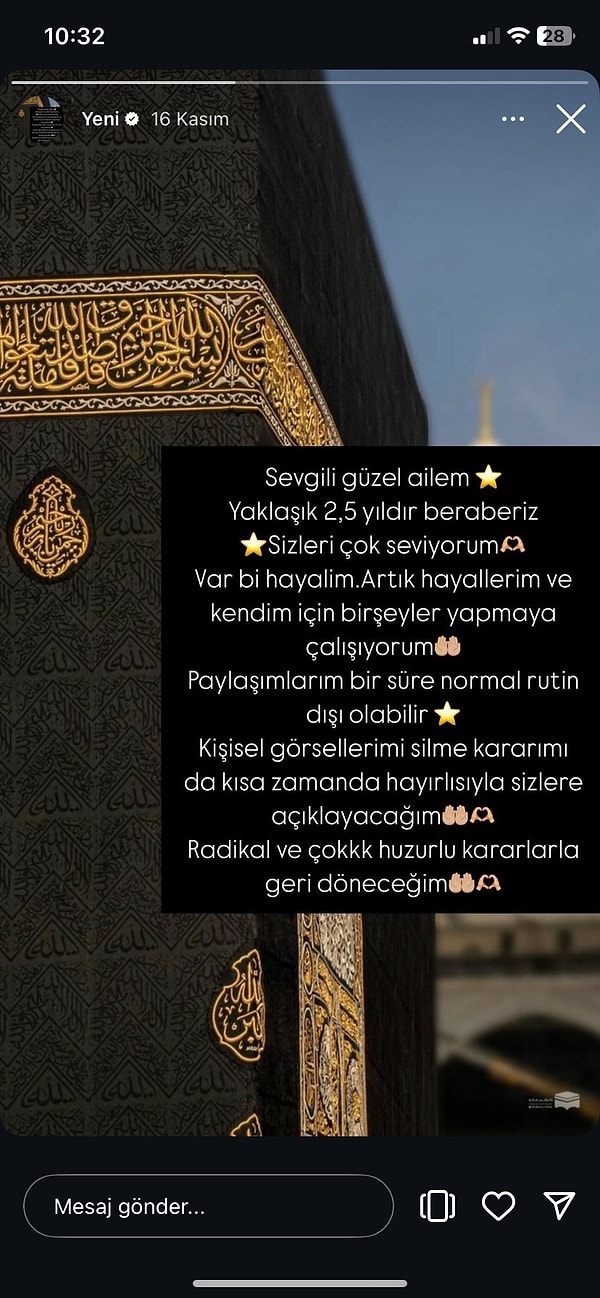 Instagram profilinden yüzünün açıkça göründüğü fotoğrafları kaldıran Yaren, bu değişimle ilgili "Radikal bir karar aldım. Yüzümün göründüğü fotoğrafları da sildim. Yakında açıklayacağım." diye yazdı. Paylaşımın arkasındaki Kabe resmi de tesettüre girdiği iddialarına neden oldu.