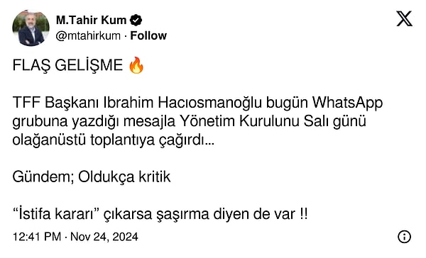 Tahir Kum ilk olarak salı günü için planlanan yönetim kurulu toplantısına dair bilgi verdi.