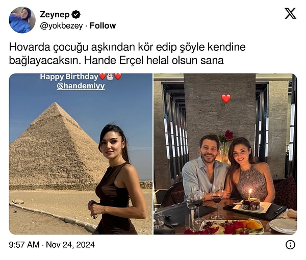 Fakat özellikle bir kullanıcının yorumu X'te infial yarattı. Hande Erçel'in "hovarda Hakan Sabancı"yı dize getirdiğini ima eden Erçel'e de "Helal olsun" tebriğinde bulunan @yokbezey adlı X kullanıcısına kadınlardan aşk ve erkeklere dair ders niteliğinde yorumlar geldi!