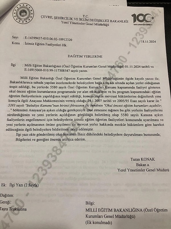 Çevre, Şehircilik ve İklim Değişikliği Bakanlığı'nın kreşi olan belediyeler için gönderdiği yazıda  belediyelerin açtığı kreşlerin kapatılması ve yeni yerlerin açılmasının önüne geçilmesi istendi. Yazıda  belediyelerin izinsiz eğitim öğretim faaliyetleri içinde olduğu vurgusu yapıldı.