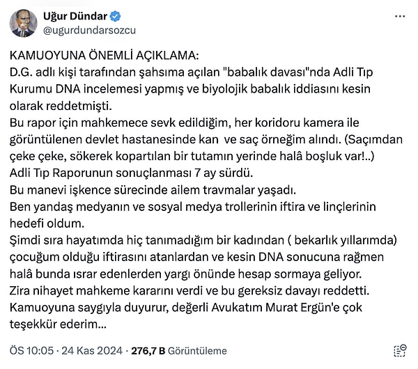 "Bu rapor için mahkemece sevk edildiğim, her koridoru kamera ile görüntülenen devlet hastanesinde kan  ve saç örneğim alındı. (Saçımdan çeke çeke, sökerek kopartılan bir tutamın yerinde halâ boşluk var!..) Adli Tıp Raporunun sonuçlanması 7 ay sürdü.  Bu manevi işkence sürecinde ailem travmalar yaşadı."