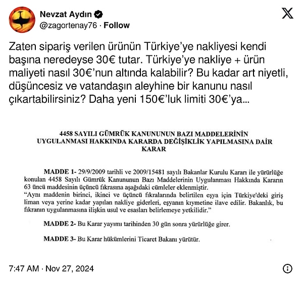 Yemeksepeti eski CEO'su Nevzat Aydın, söz konusu karara tepki gösteren bir paylaşım yaptı.