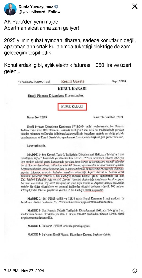 "Konutlardaki gibi, aylık elektrik faturası 1.050 lira ve üzeri gelen apartmanlara %90 oranında elektrik zammı geliyor."