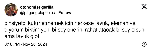 X'te '@pagangelopoulos' isimli kullanıcı cinsiyetçi olmayan yeni küfür önerileri istedi. Kullanıcılardan jet hızıyla yanıtlar geldi👇🏻