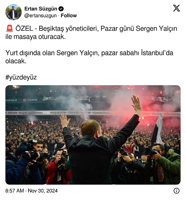 Ertan Süzgün, Beşiktaş yöneticilerinin pazar günü Sergen Yalçın'la masaya oturacağı gelişmesini aktardı👇