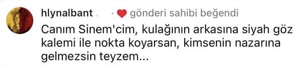 Güzel oyuncunun takipçilerinden birinin bu paylaşımın altına yaptığı 'nazardan korunma tavsiyesi' ise dikkat çekti. Kobal'ın bu yorumu beğenmesi ise dikkatli kullanıcılardan kaçmadı!