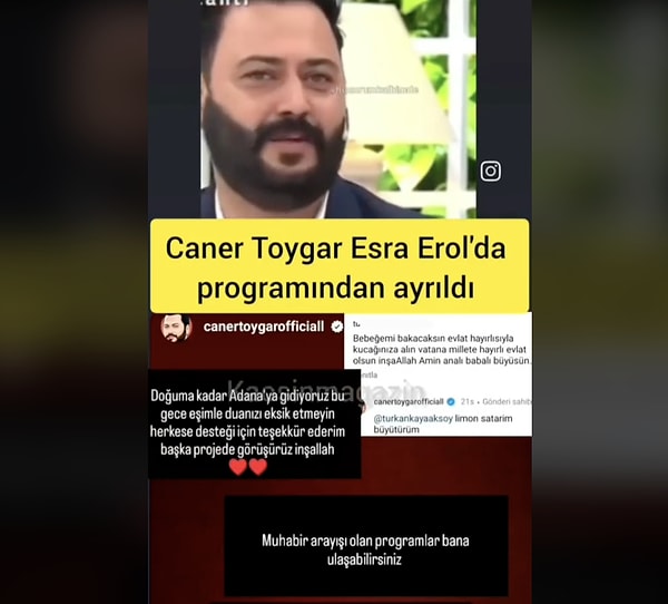 Caner Toygar, iş aradığını duyurduğu paylaşımları şu an silerken ayrıca bebeğinin doğumu için Adana'ya gittiklerini de duyurmuştu.