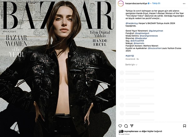 Harper's Bazaar bu ay kapak kızı olan Hande Erçel'i önce 👇