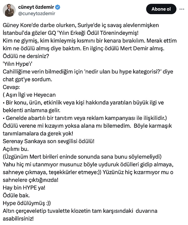 Özdemir'in dünya genelinde yaşananları gözlere soktuğu, bu tür ödüllerin gerçek anlamda bir değeri olmadığını ve sahneye çıkıp teşekkür etmek gibi eylemlerin yüzeysel ve samimiyetsiz olduğunu belirttiği o tepkisini şöyle bırakalım...