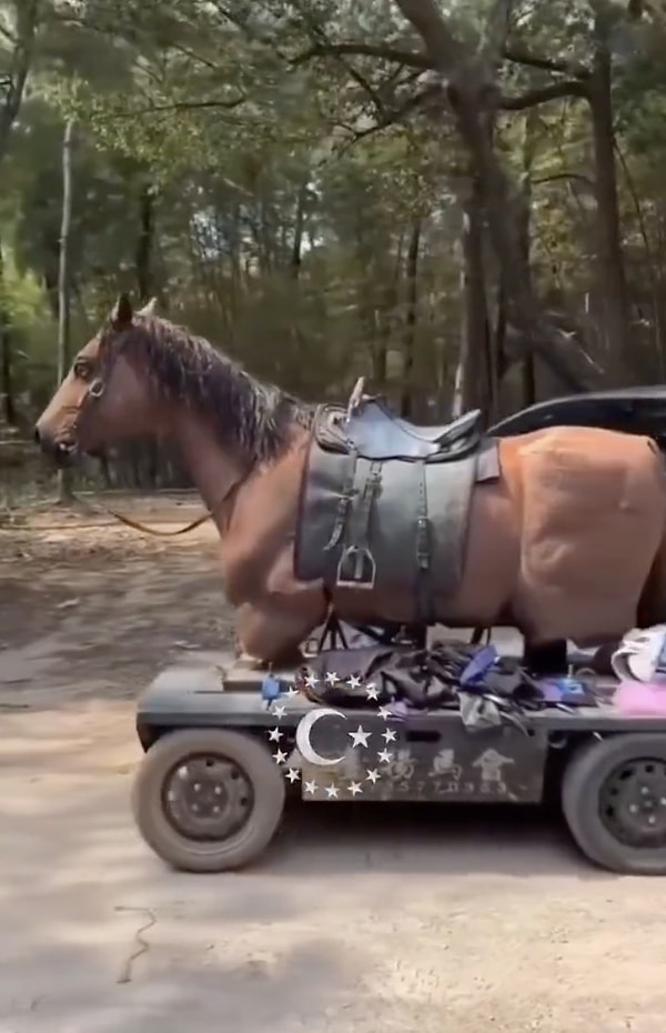 Sosyal medyada viral olan bir videoda dizi ve film setlerinde araba gibi sürülebilen at maketleri olduğu ortaya çıktı.