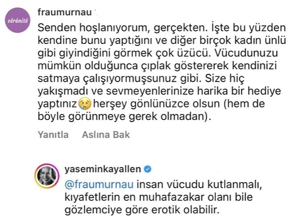 Allen, "Kendinizi satıyormuşsunuz gibi" diyerek transparan elbisesini ayıplayan kullanıcıya, "İnsan vücudu kutlanmalı, kıyafetlerin en muhafazakar olanı bile gözlemciye göre erotik olabilir" diyerek tokat gibi bir cevap verdi.