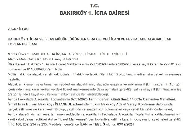 Bakırköy 1. İcra Dairesi, bugün yayımladığı ilanda batık şirketin alacaklıları için 7 Ocak tarihinde bir toplantı yapılacağını duyurdu. Toplantının 7 Ocak günü saat 14.00'da Bakırköy Adalet Sarayı'nda yapılacağı belirtilirken, Maksul Gıda'nın kuruyemiş üreticilerinin yanı sıra bankalara da milyonlarca liralık borcunun bulunduğu öğrenildi.  İşte o duyuru: