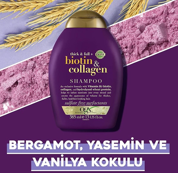 OGX Dolgunlaştırıcı Biotin & Kolajen Şampuan, içeriğindeki B7 vitamini (biotin), kollajen ve hidrolize buğday proteini sayesinde saç tellerine derinlemesine nüfuz ederek besleyici bir etki sunuyor.