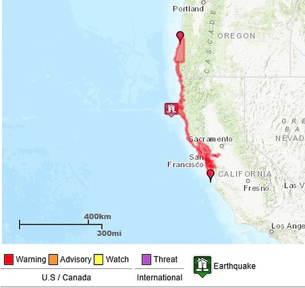 Amerika Birleşik Devletleri’nin Kaliforniya Eyaleti’nde 7.0 büyüklüğünde deprem meydana geldi. Kuzey Kaliforniya açıklarında yaşanan deprem sonrasında yetkililer tsunami alarmı verdi. Tsunami uyarısının en az 5 milyon kişiyi kapsadığı bildirildi. Son yapılan açıklama ile tsunami tehlikesinin geçtiği duyuruldu.