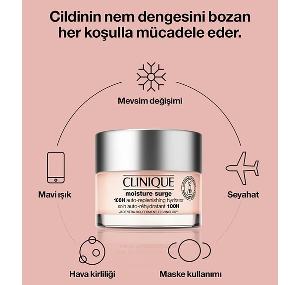 Günlük kişisel bakımınızda kullanabileceğiniz, cildinize yoğun nem bombası etkisi arıyorsanız, Clinique Moisture Surge tam size göre!