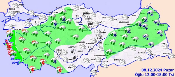 Meteoroloji Genel Müdürlüğü’nün yaptığı son tahminlere göre bugün Marmara, Ege, Akdeniz, İç Anadolu’nun kuzeyi, Batı ve Orta Karadeniz’in iç kesimleri, Doğu Anadolu’nun kuzey ve batısı, Artvin, Bingöl, Muş, Bitlis, Siirt ve Adıyaman çevrelerinde yağışlı bir hava bekleniyor.