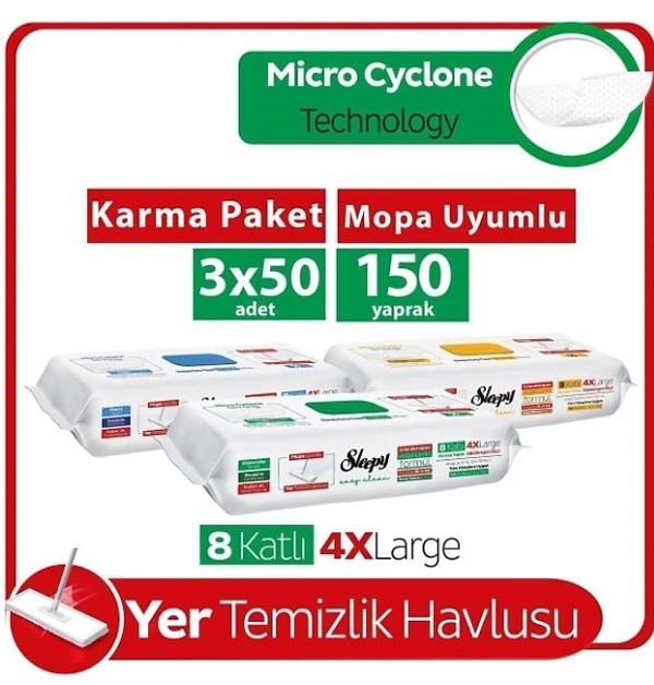 10. Sleepy Easy Clean Mopa Uyumlu Yer Temizlik Havlusu Karma Paket 3X50 (150 Yaprak)