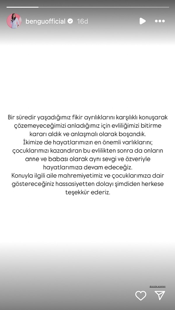 Ünlü şarkıcı boşanma nedenini ise "Bir süredir yaşadığımız fikir ayrılıklarını konuşarak çözemeyeceğimizi fark anladığımız için evliliğimizi bitirme kararı aldık ve anlaşmalı olarak boşandık" cümleleriyle açıklamıştı.