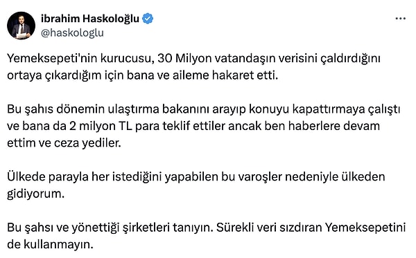 Haskoloğlu kendisine 2 milyon lira teklif edildiğini öne sürdü.