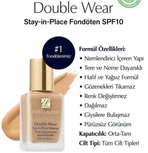 11. Estee Lauder Doğal ve Mat Bitişli - Double Wear Stay-in-Place Fondöten SPF 10 ( 2N1 Desert Beige ) - 30 ml