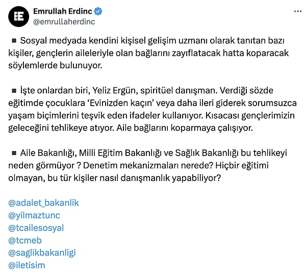 Gazeteci Emrullah Erdinç de Yeliz Ergün isimli kişinin bir videosunu yayınlayarak yetkili makamları etiketledi 👇